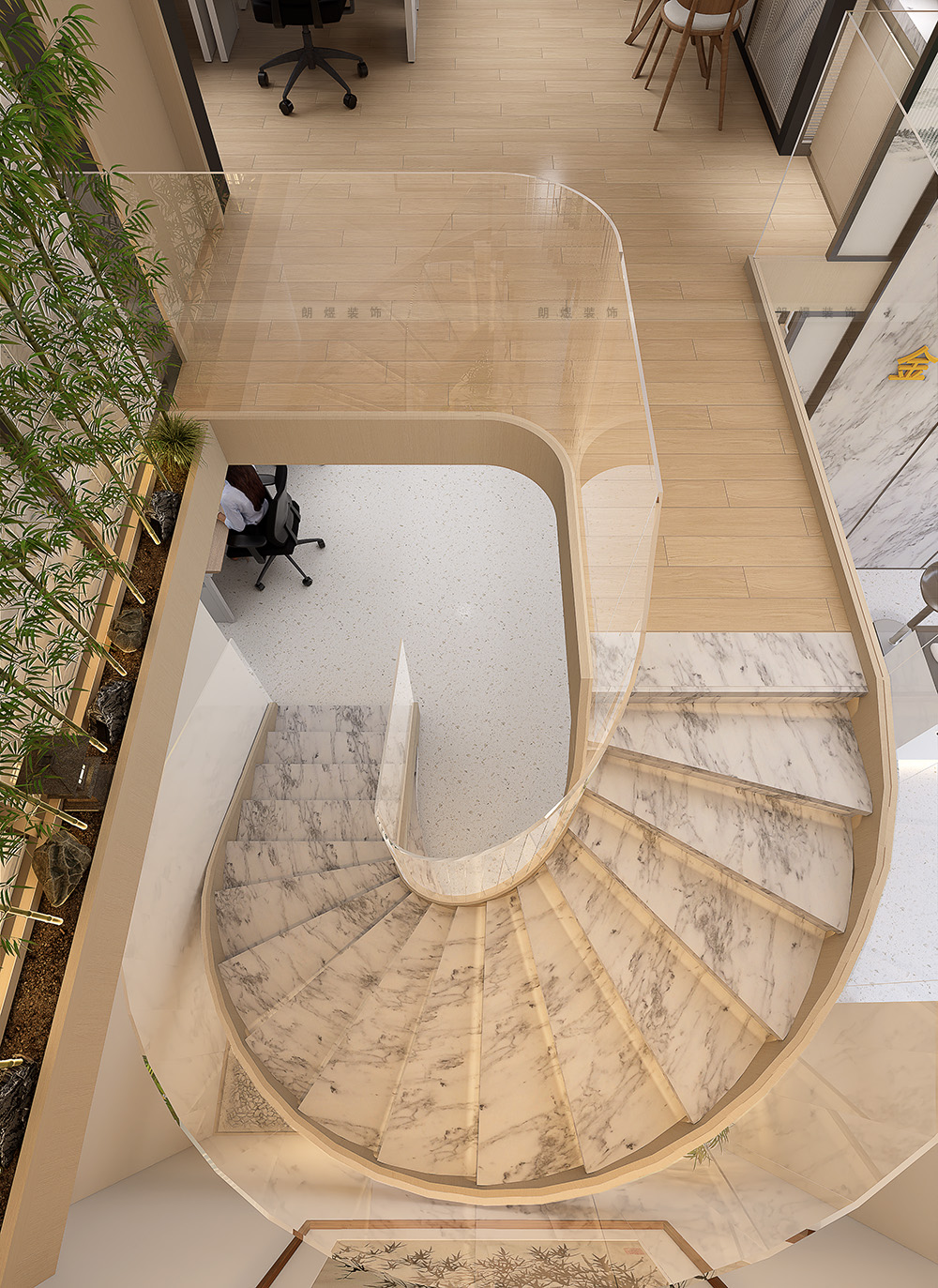 成都電商外貿公司辦公室裝修效果圖-樓梯俯視